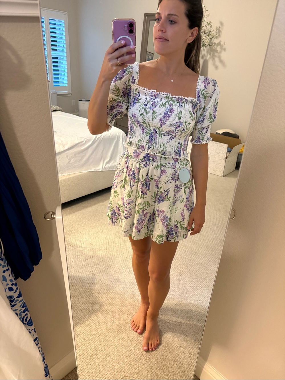 Floral Smocked Skirt Set in White and Lavender